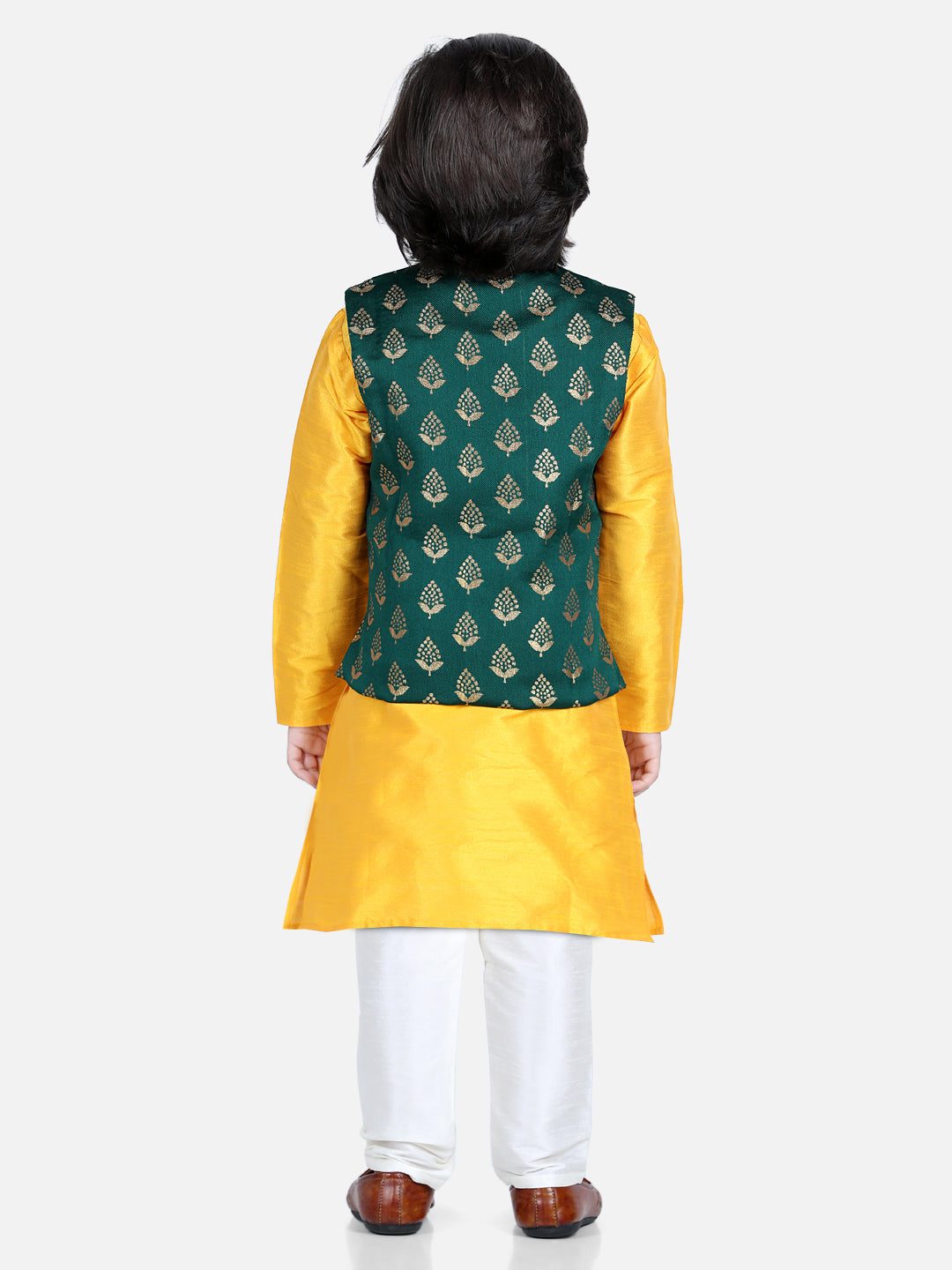 Boy's Green Color 3 Piece Jacquard Jacket Silk Kurta Pajama - NOZ2TOZ KIDS