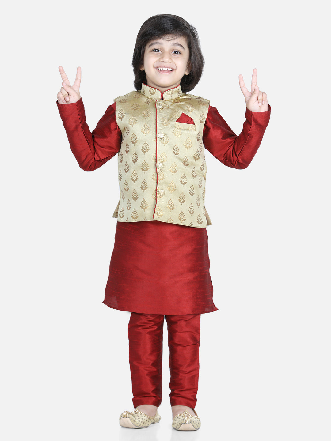 Boy's Maroon Color 3 Piece Jacquard Jacket Silk Kurta Pajama  - NOZ2TOZ KIDS