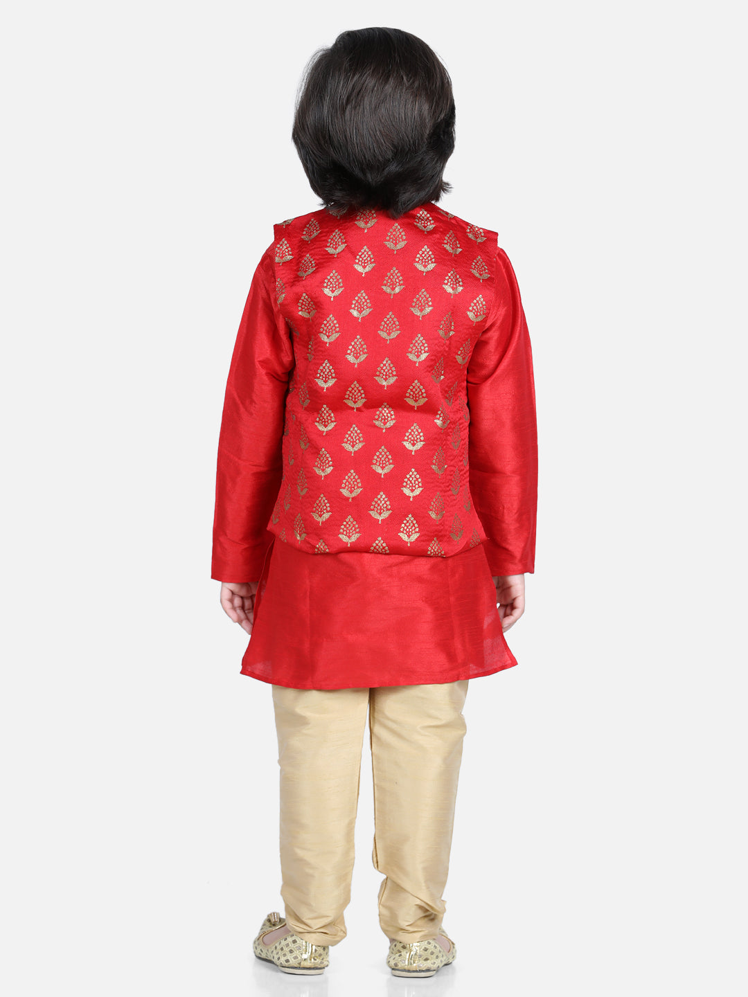 Boy's Red Color 3 Piece Jacquard Jacket Silk Kurta Pajama - NOZ2TOZ KIDS