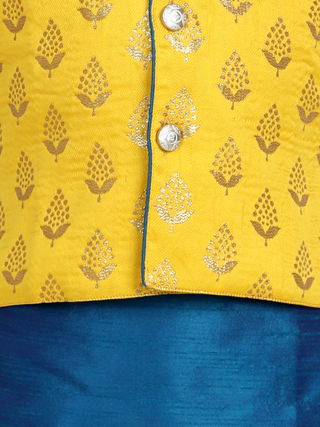 Boy's Yellow Color 3 Piece Jacquard Jacket Silk Kurta Pajama - NOZ2TOZ KIDS