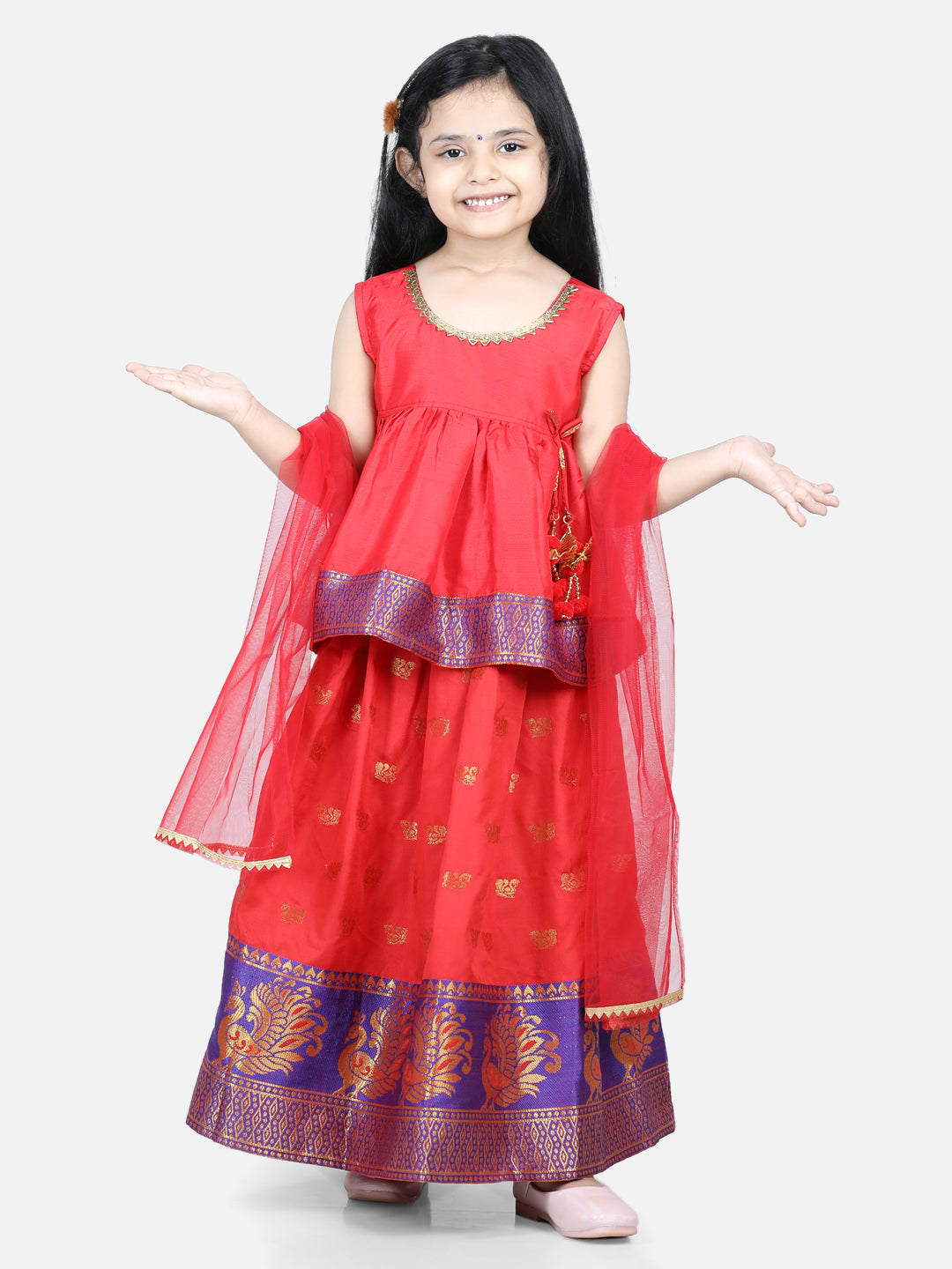 Girl's Red Color Jacquard Lehenga with Flared Choli with Dupatta - NOZ2TOZ KIDS