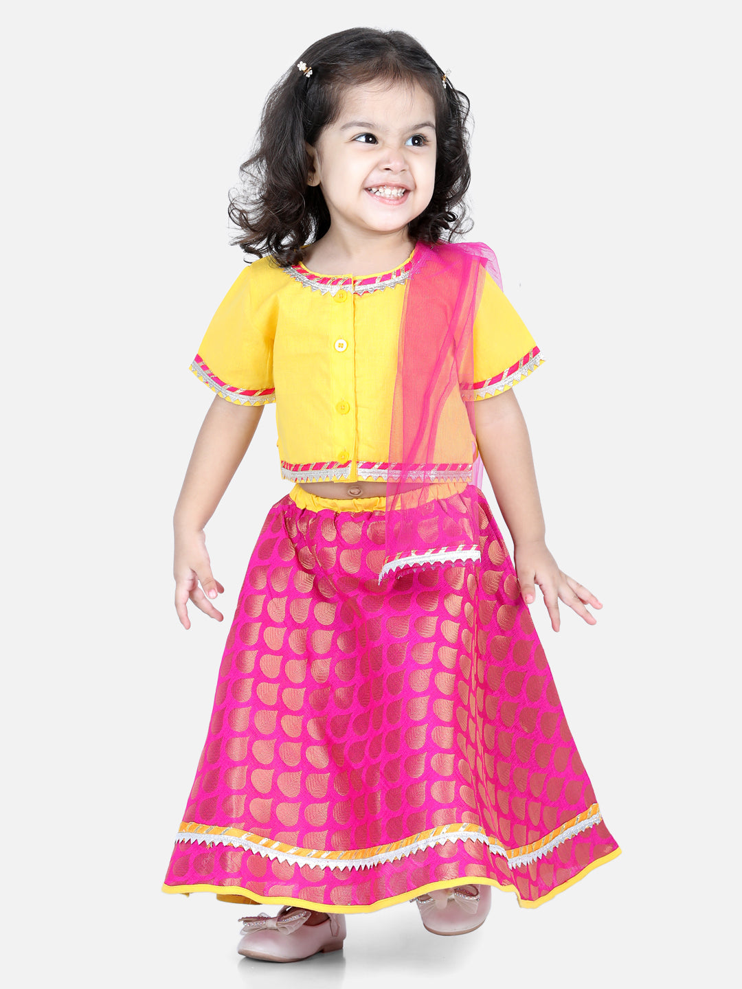Girl's Yellow Color Front Open Cotton Top with Jacquard Lehenga  - NOZ2TOZ KIDS