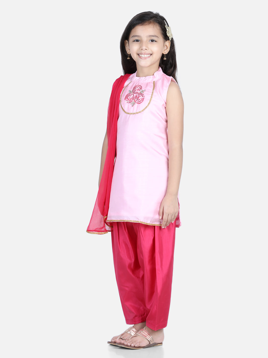 Girl's Pink Color Hand Embroidered Silk Kurti Salwar  - NOZ2TOZ KIDS