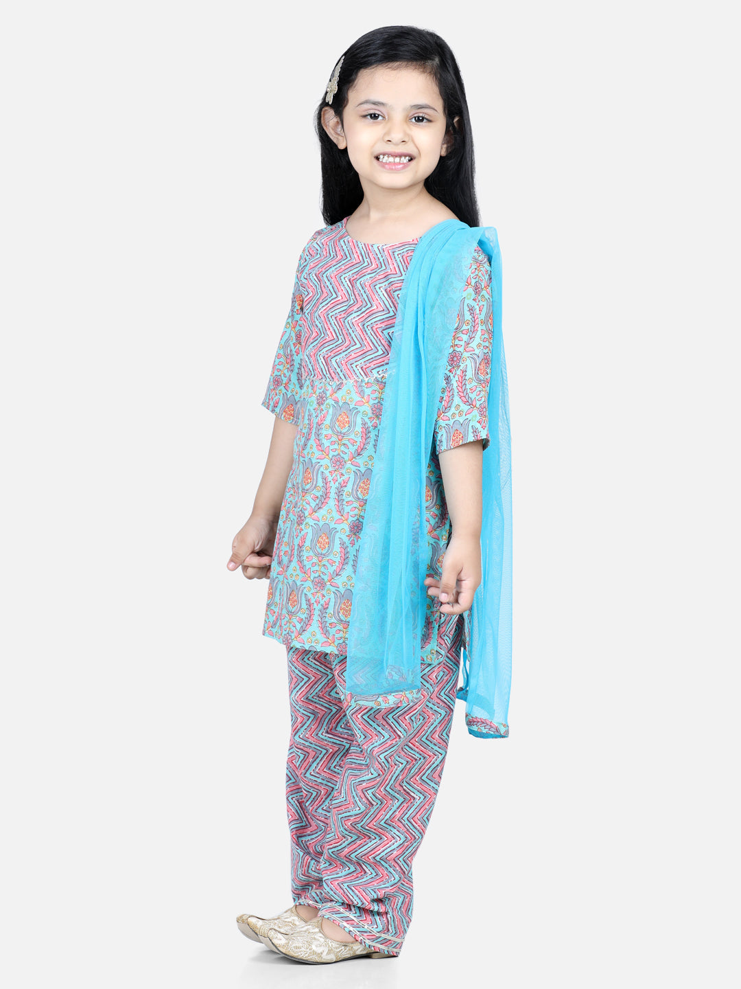 Girl's Blue Color Pure Cotton Printed Kurti with Pant  - NOZ2TOZ KIDS