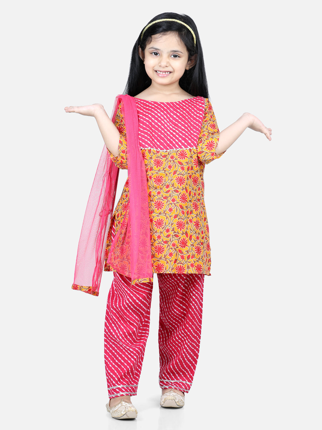 Girl's Pink Color Pure Cotton Printed Kurti with Pant  - NOZ2TOZ KIDS