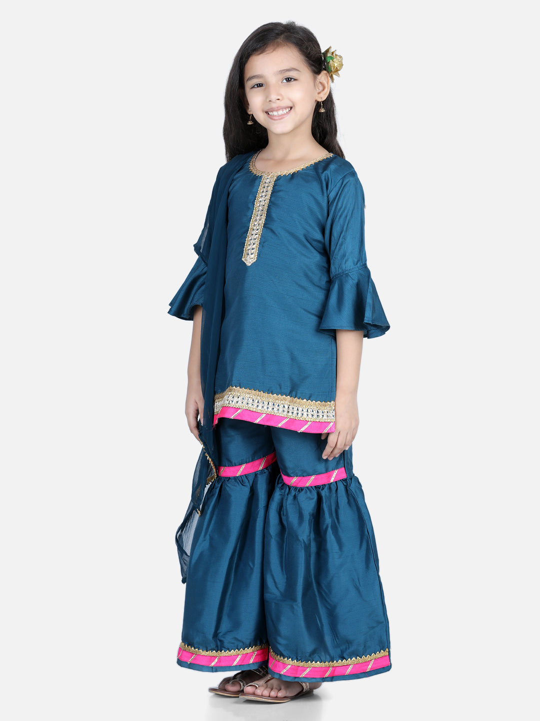 Girl's Blue Color Bell Sleeve Silk Kurti Sharara Dupatta  - NOZ2TOZ KIDS