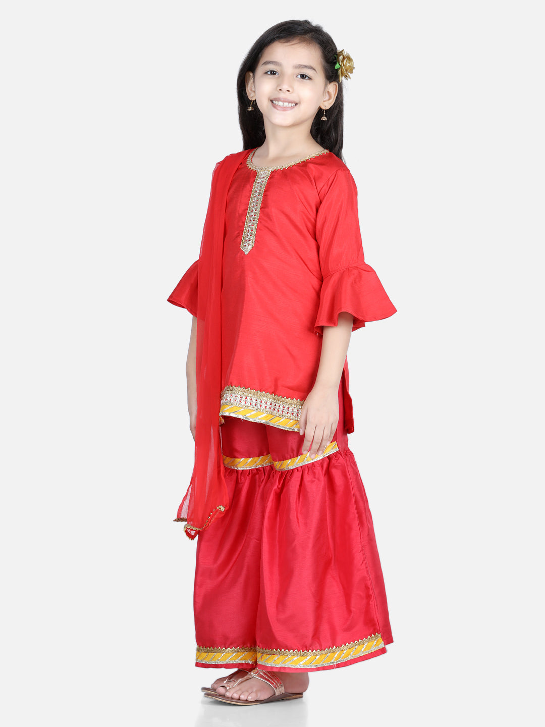 Girl's Red Color Bell Sleeve Silk Kurti Sharara Dupatta  - NOZ2TOZ KIDS