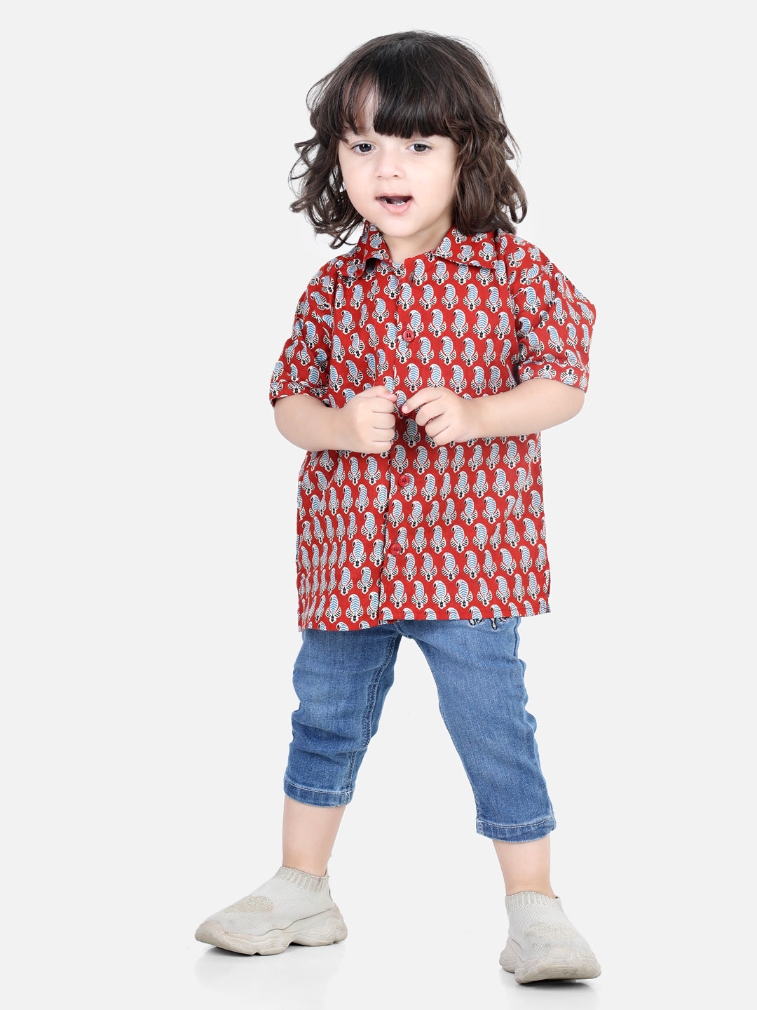 Boy's Red Color Printed Half Sleeve Pure Cotton Shirt  - NOZ2TOZ KIDS