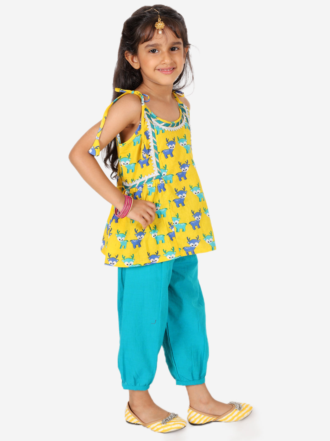 Girl's Cotton Yellow Dhoti Sets - Bownbee
