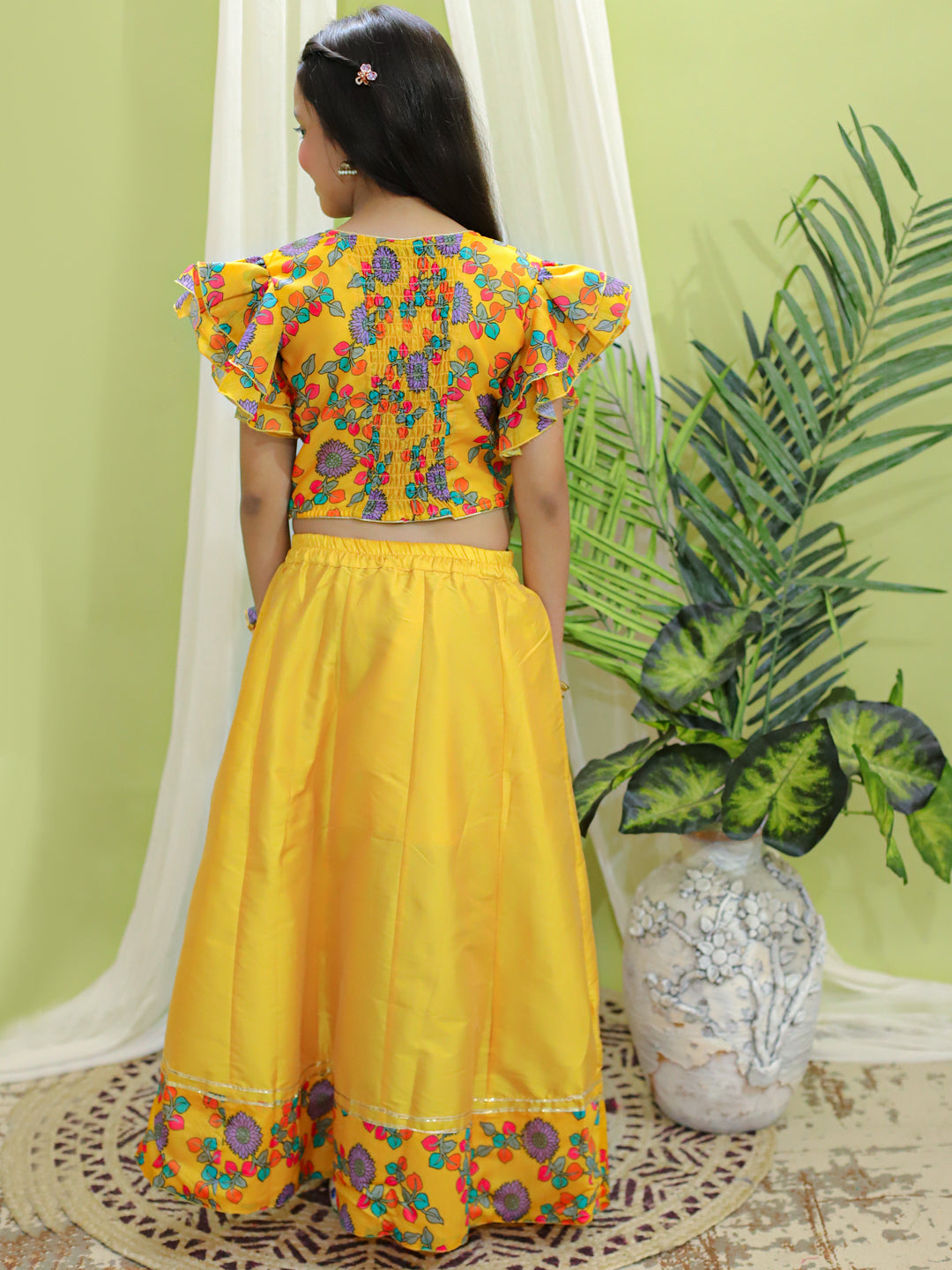Girl's Cotton Yellow Lehenga Sets - Bownbee