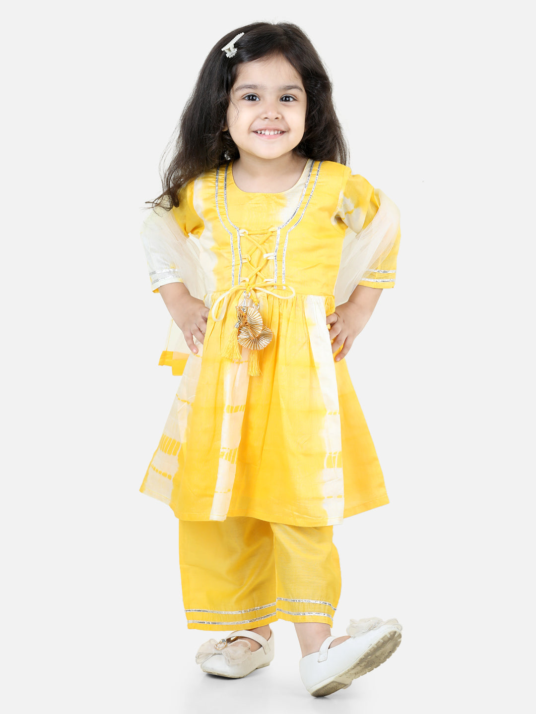 Girl's Chanderi Yellow Kurta Sets - Bownbee