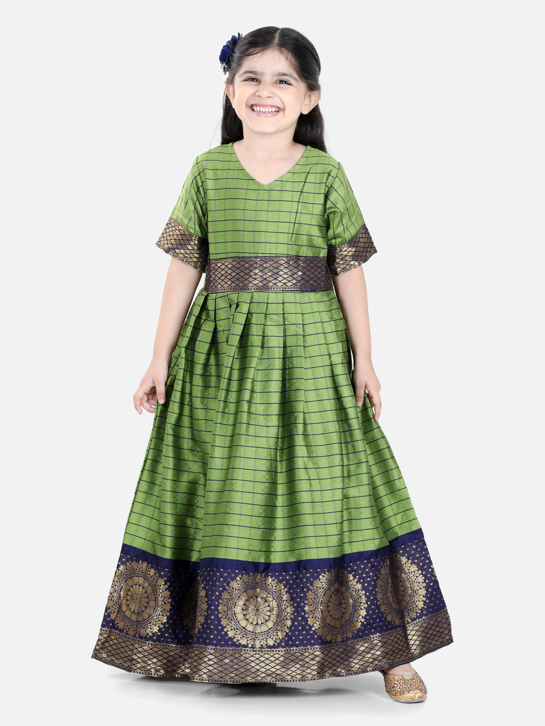 Girl's Green Color Silk South Indian Party Gown  - NOZ2TOZ KIDS