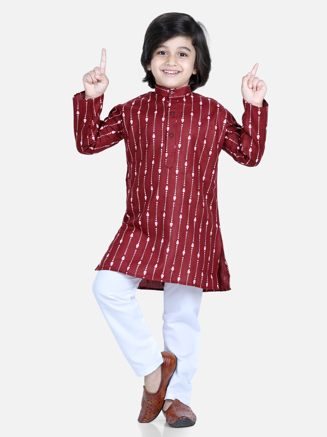 Boy's Maroon Color Printed Full Sleeve Cotton Kurta Pajama  - NOZ2TOZ KIDS