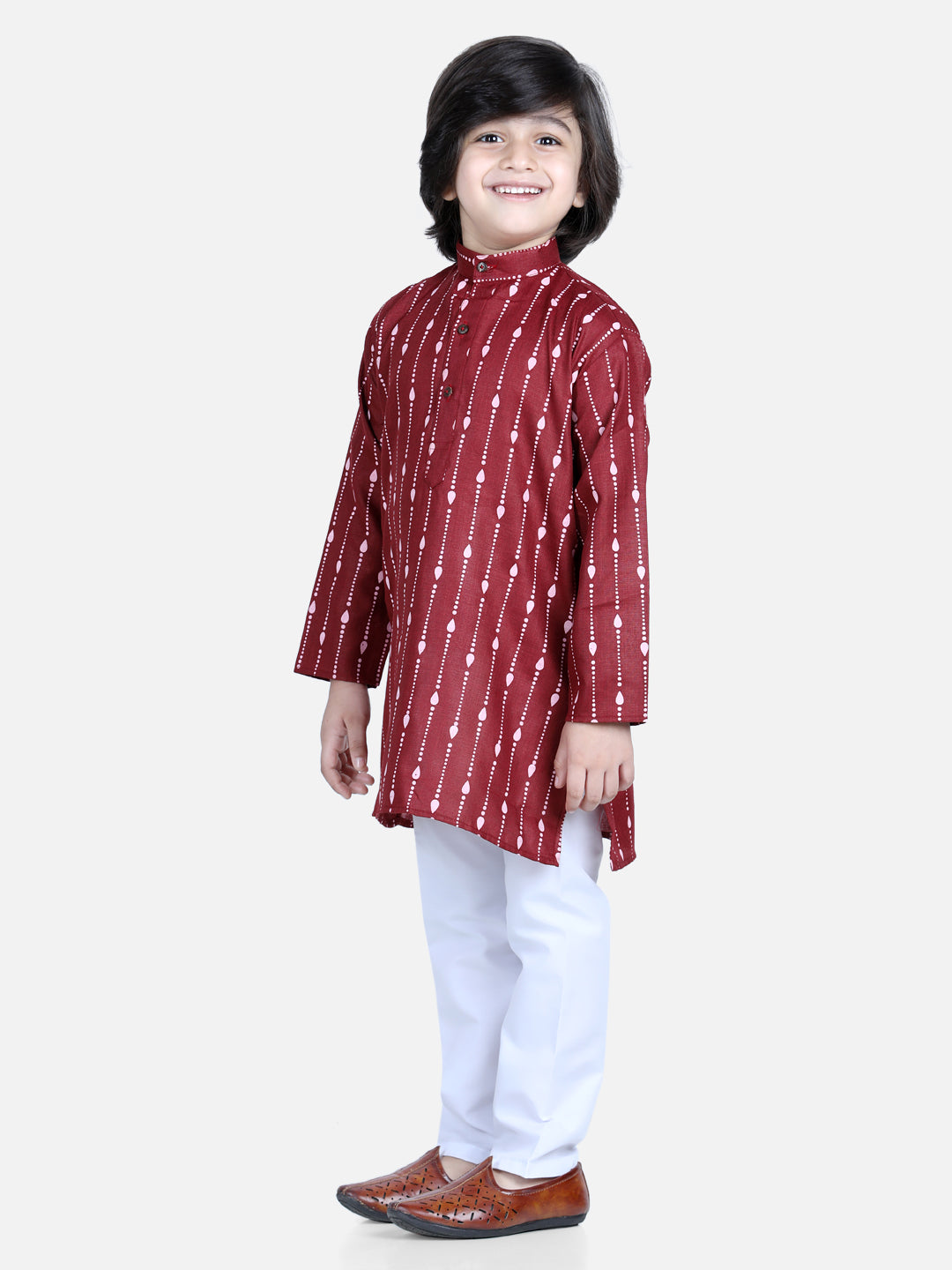 Boy's Maroon Color Printed Full Sleeve Cotton Kurta Pajama  - NOZ2TOZ KIDS