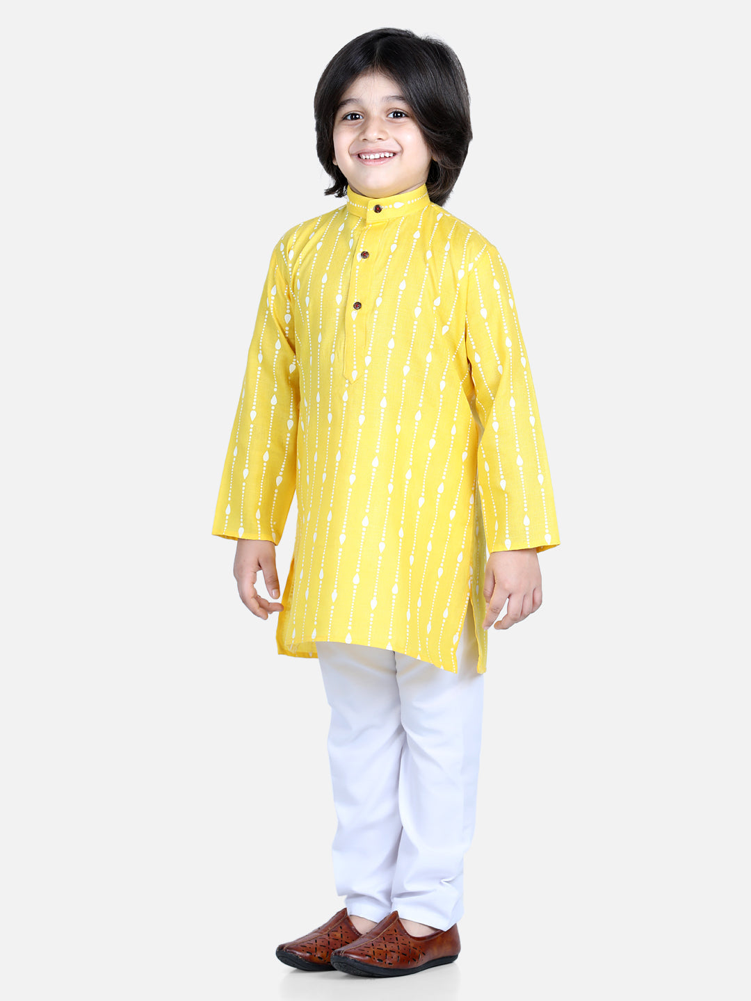 Boy's Yellow Color Printed Full Sleeve Cotton Kurta Pajama  - NOZ2TOZ KIDS