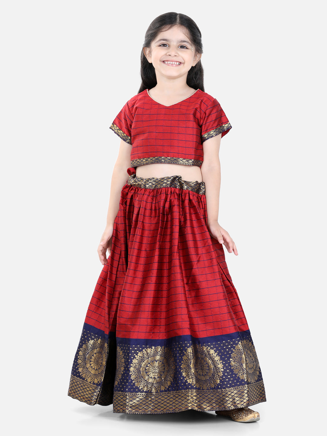 Girl's Red Color Half Sleeve South Indian Pavda Pattu Lehenga - NOZ2TOZ KIDS