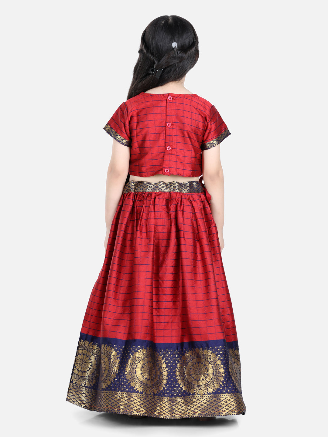 Girl's Red Color Half Sleeve South Indian Pavda Pattu Lehenga - NOZ2TOZ KIDS