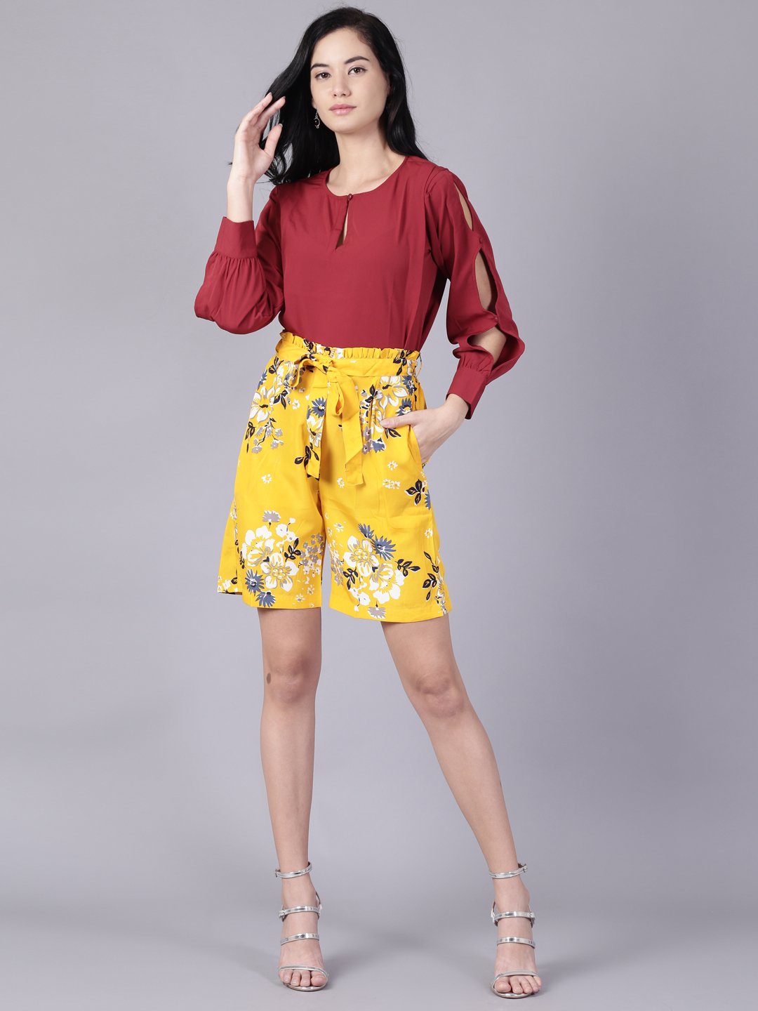 Women's Daima Mustard Yellowslip-On Printed  Polyester Shorts - Nayo Clothing