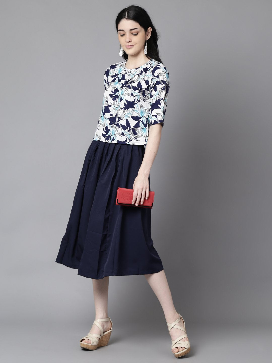 Women's Daima Navy Blue Slip-On Polyester Short Sleeves Skirt And Top Set - Nayo Clothing