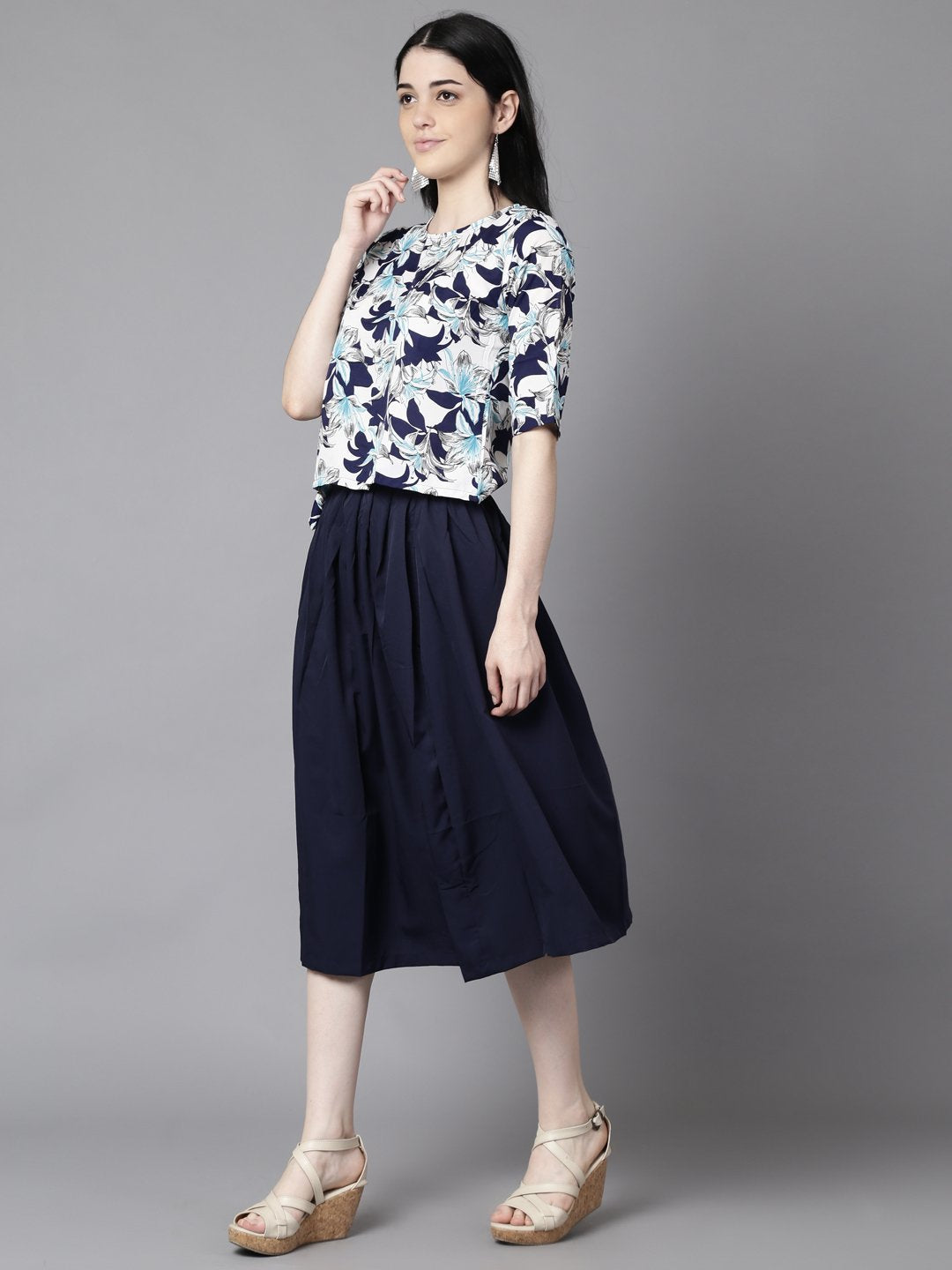 Women's Daima Navy Blue Slip-On Polyester Short Sleeves Skirt And Top Set - Nayo Clothing