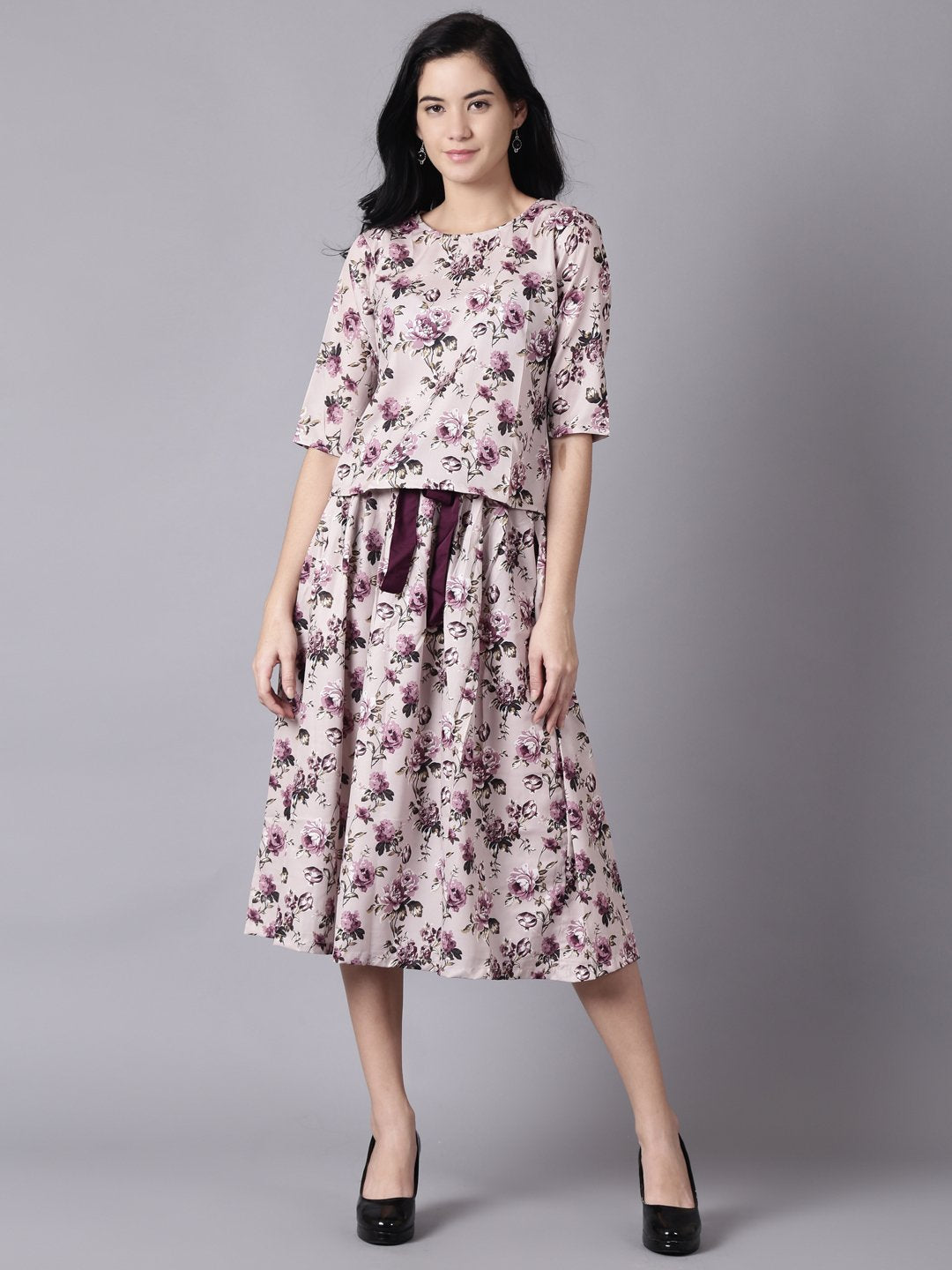 Women's Daima Beige Slip-On Polyester Short Sleeves Skirt And Top Set - Nayo Clothing