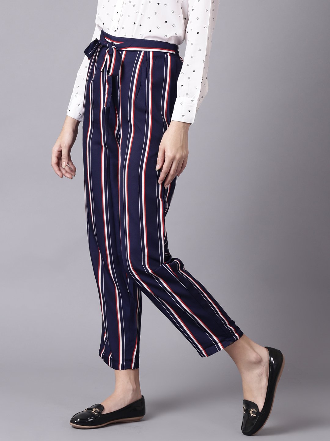 Women's Daima Navy Blue Striped Casual Crepe Trouser - Nayo Clothing