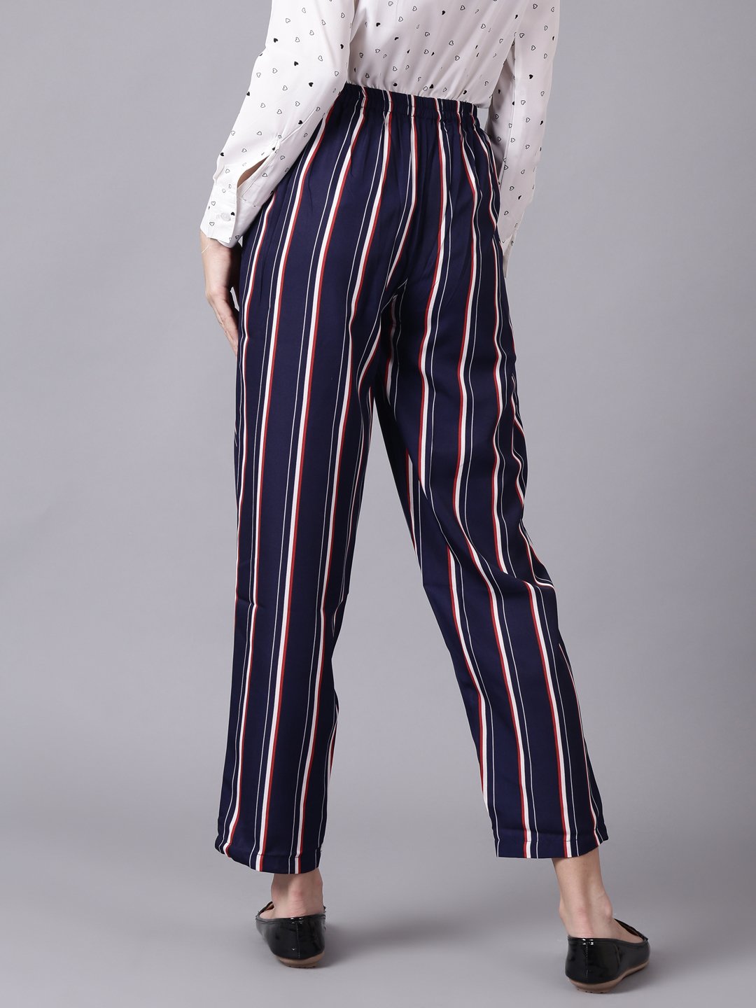 Women's Daima Navy Blue Striped Casual Crepe Trouser - Nayo Clothing