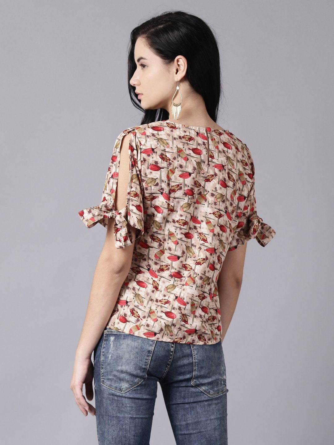 Women's Daima Beige Casual Printed Round Neck Top - Nayo Clothing