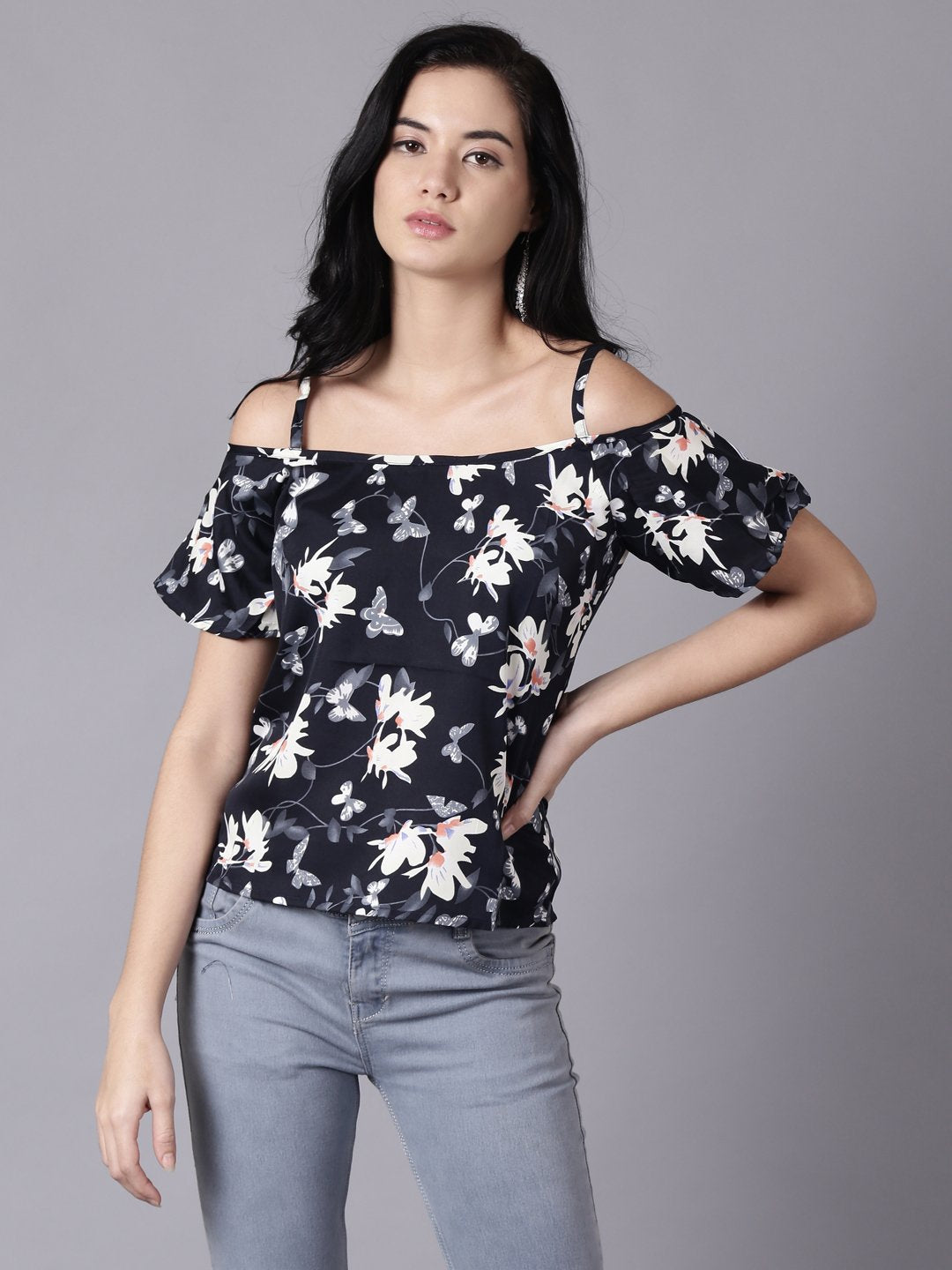 Women's Daima Navy Blue Casual Printed Shoulder Straps Top - Nayo Clothing