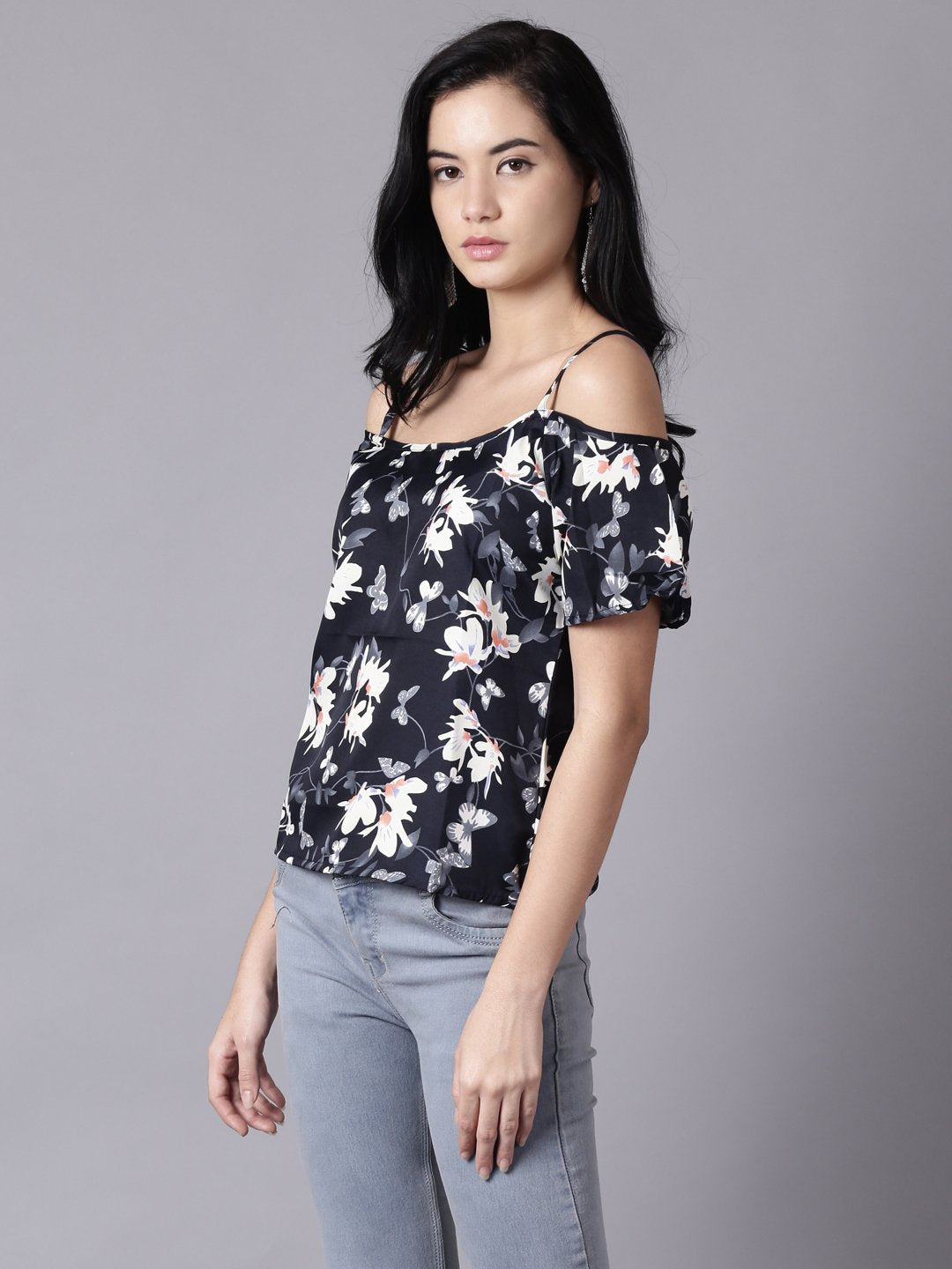 Women's Daima Navy Blue Casual Printed Shoulder Straps Top - Nayo Clothing