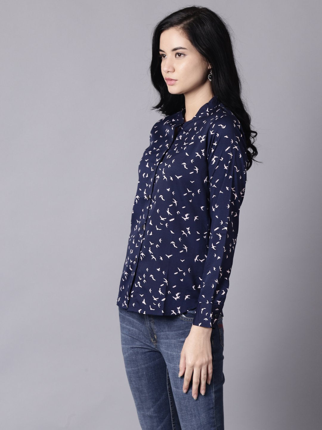 Women's Daima Navy Blue Regular Printed Mandarin Collar Crepe Shirt - Nayo Clothing