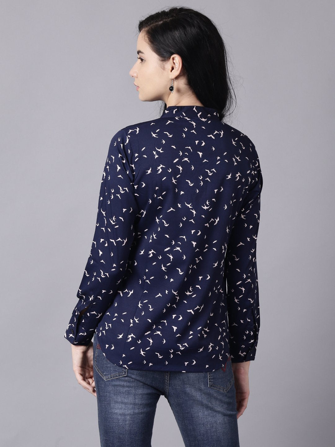 Women's Daima Navy Blue Regular Printed Mandarin Collar Crepe Shirt - Nayo Clothing