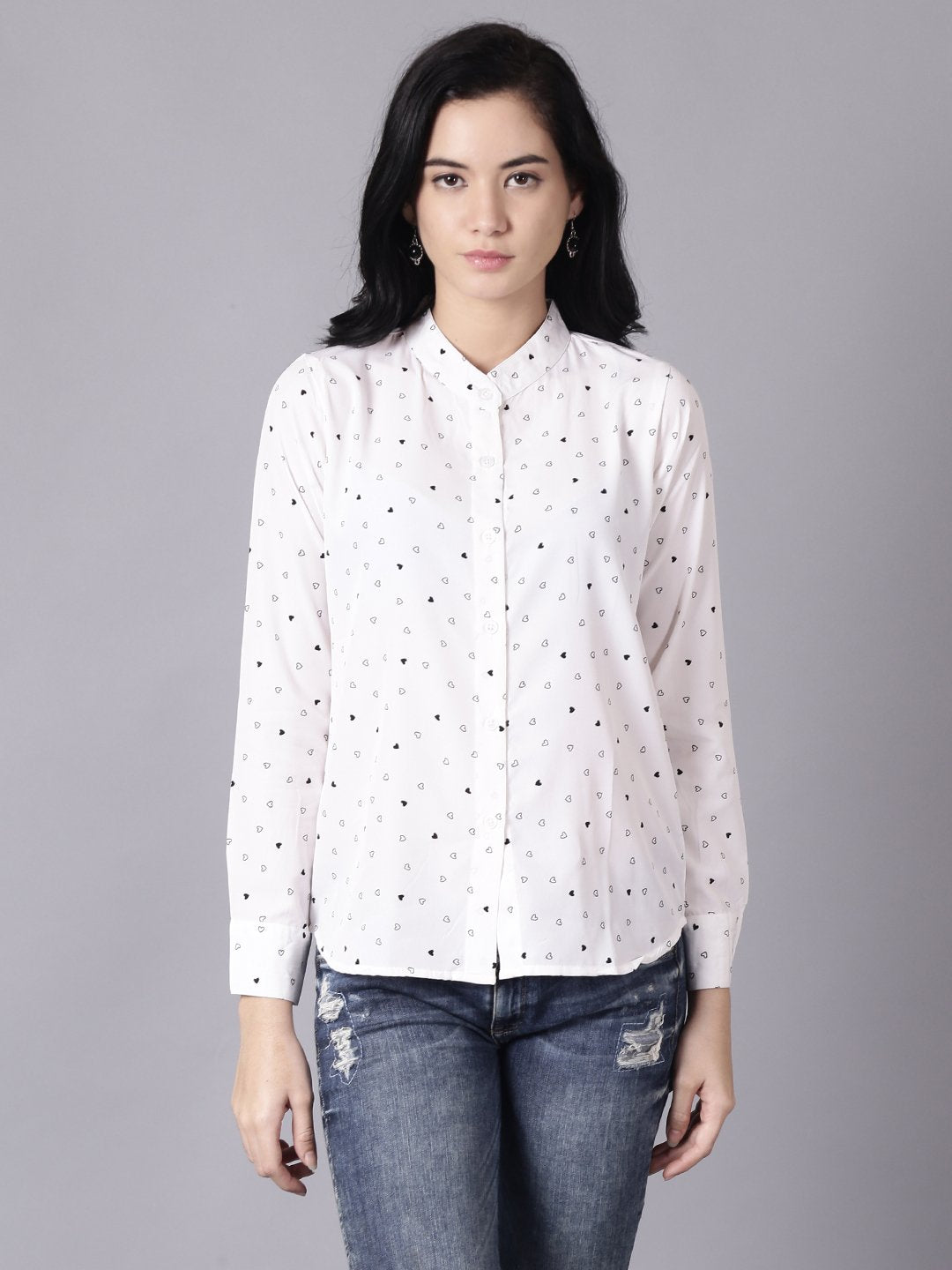 Women's Daima White Regular Printed Mandarin Collar Crepe Shirt - Nayo Clothing