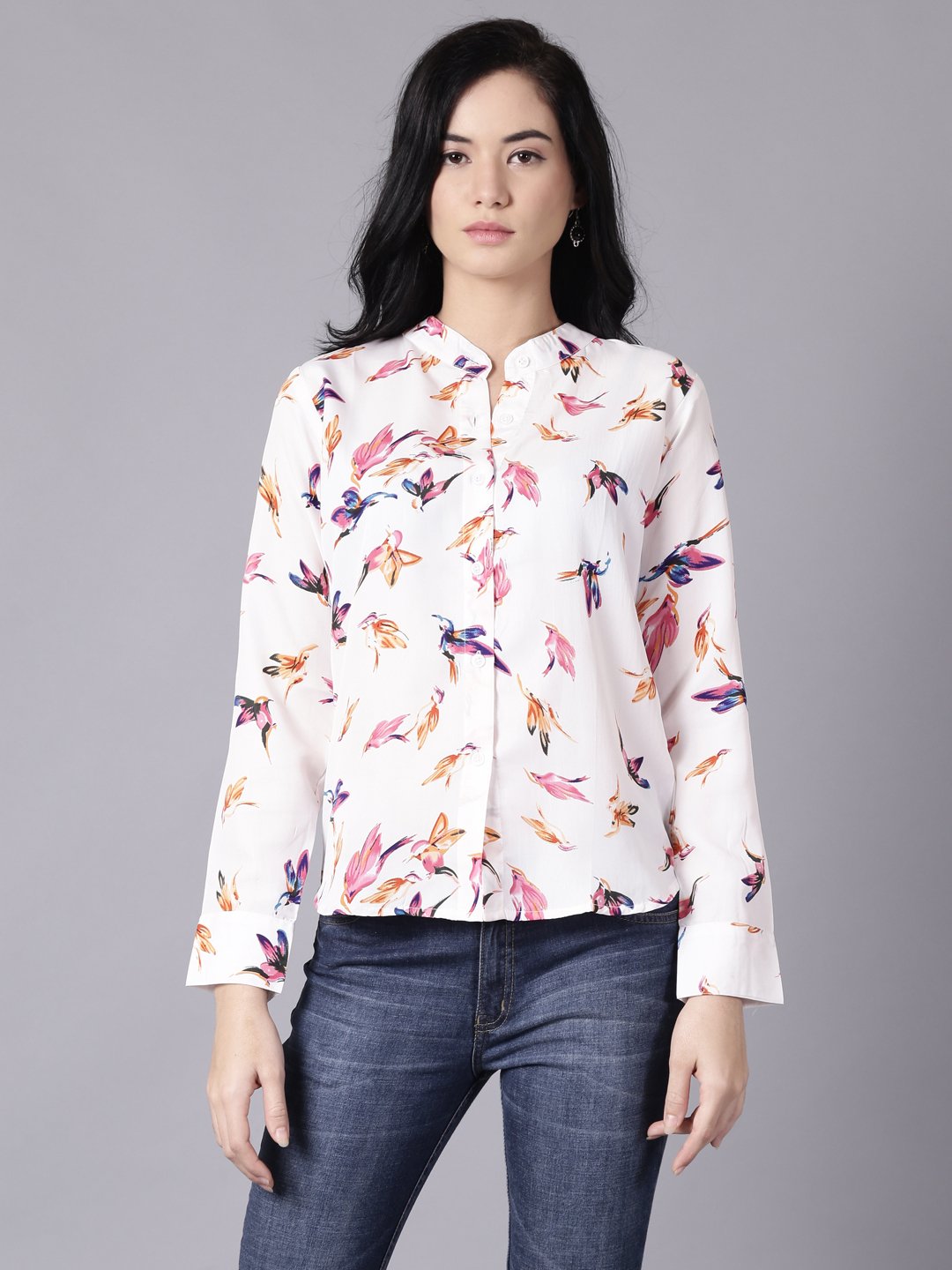Women's Daima White Regular Printed Mandarin Collar Crepe Shirt - Nayo Clothing
