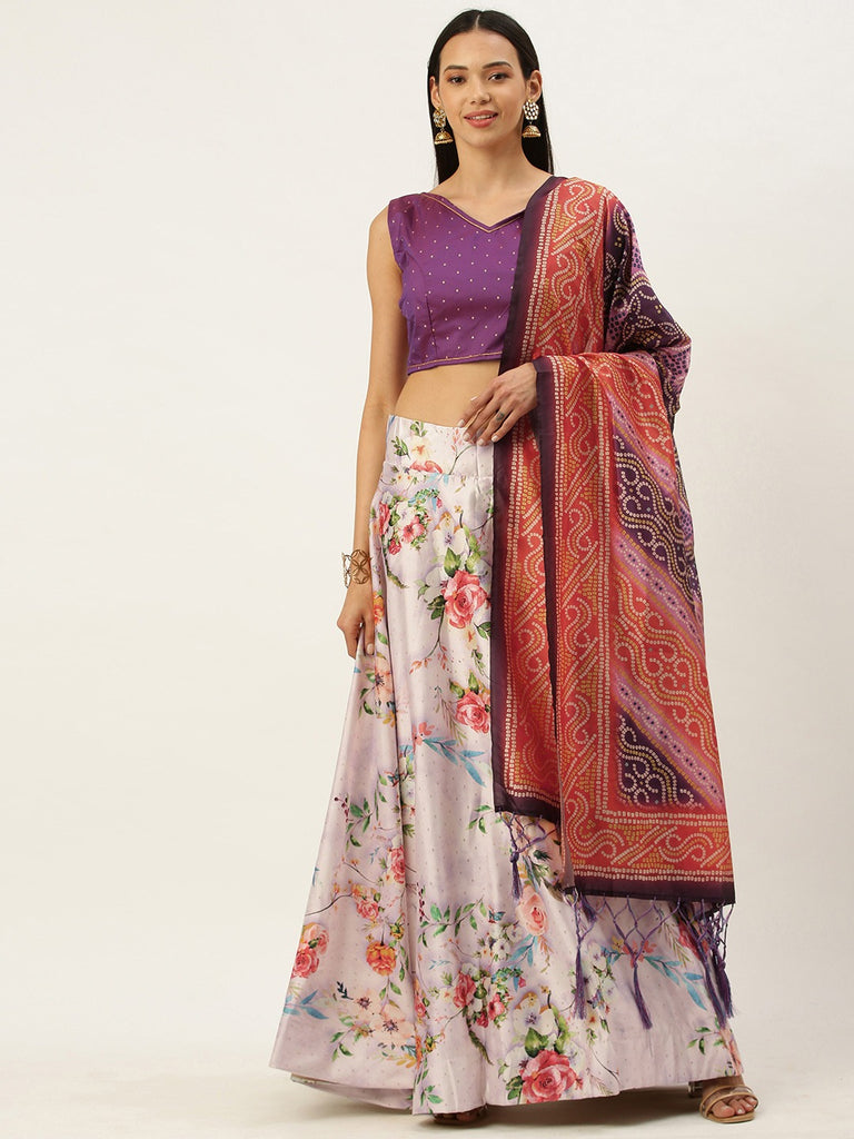 Women's Digital Print Shiney Satin Semistitched Lehenga Choli With Unstitched Blouse And Thred Work Dupatta