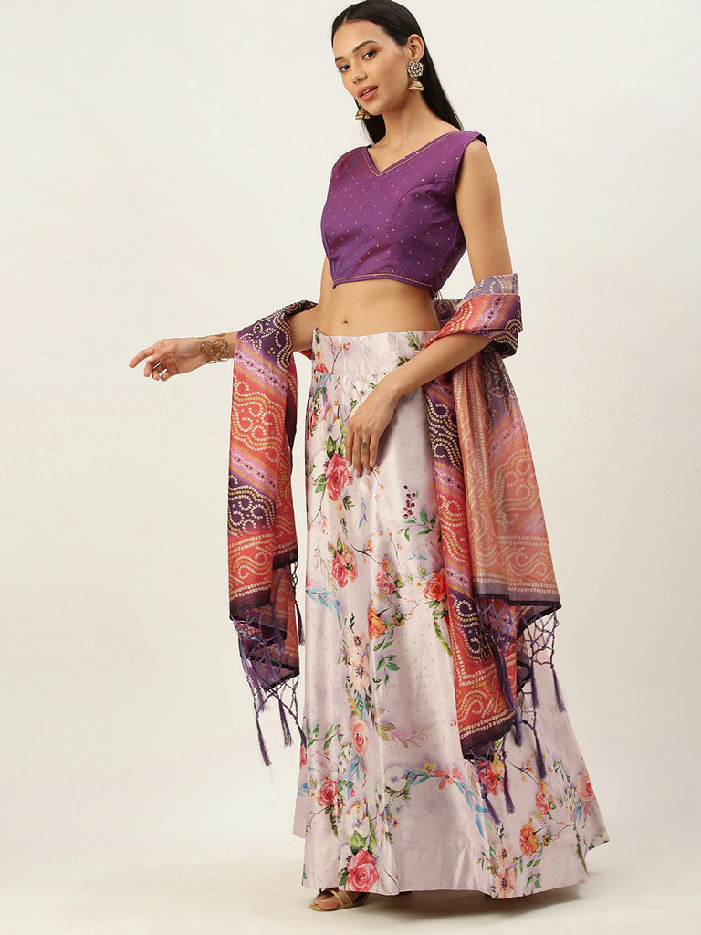 Women's Digital Print Shiney Satin Semistitched Lehenga Choli With Unstitched Blouse And Thred Work Dupatta