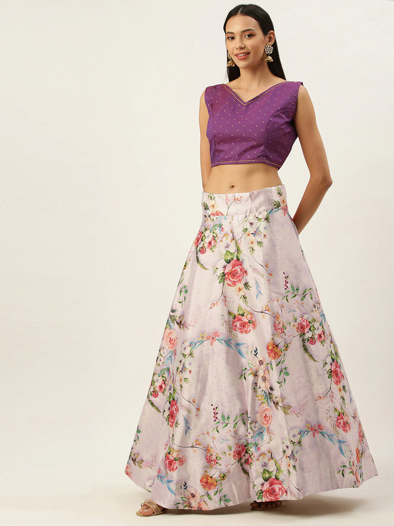 Women's Digital Print Shiney Satin Semistitched Lehenga Choli With Unstitched Blouse And Thred Work Dupatta