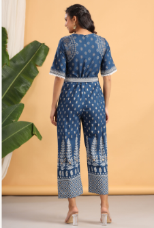Women's Indigo Rayon Printed Ethnic Jumpsuit with Belt - Juniper