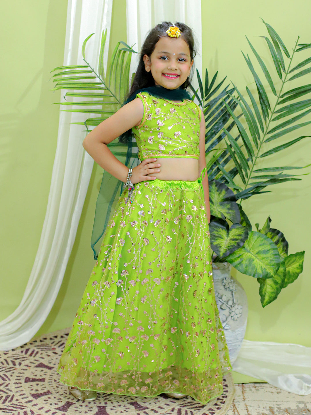 Girl's Green Ethnic Festive And Wedding Wear Sequin Party Lehenga Choli With Dupatta For - BOWNBEE