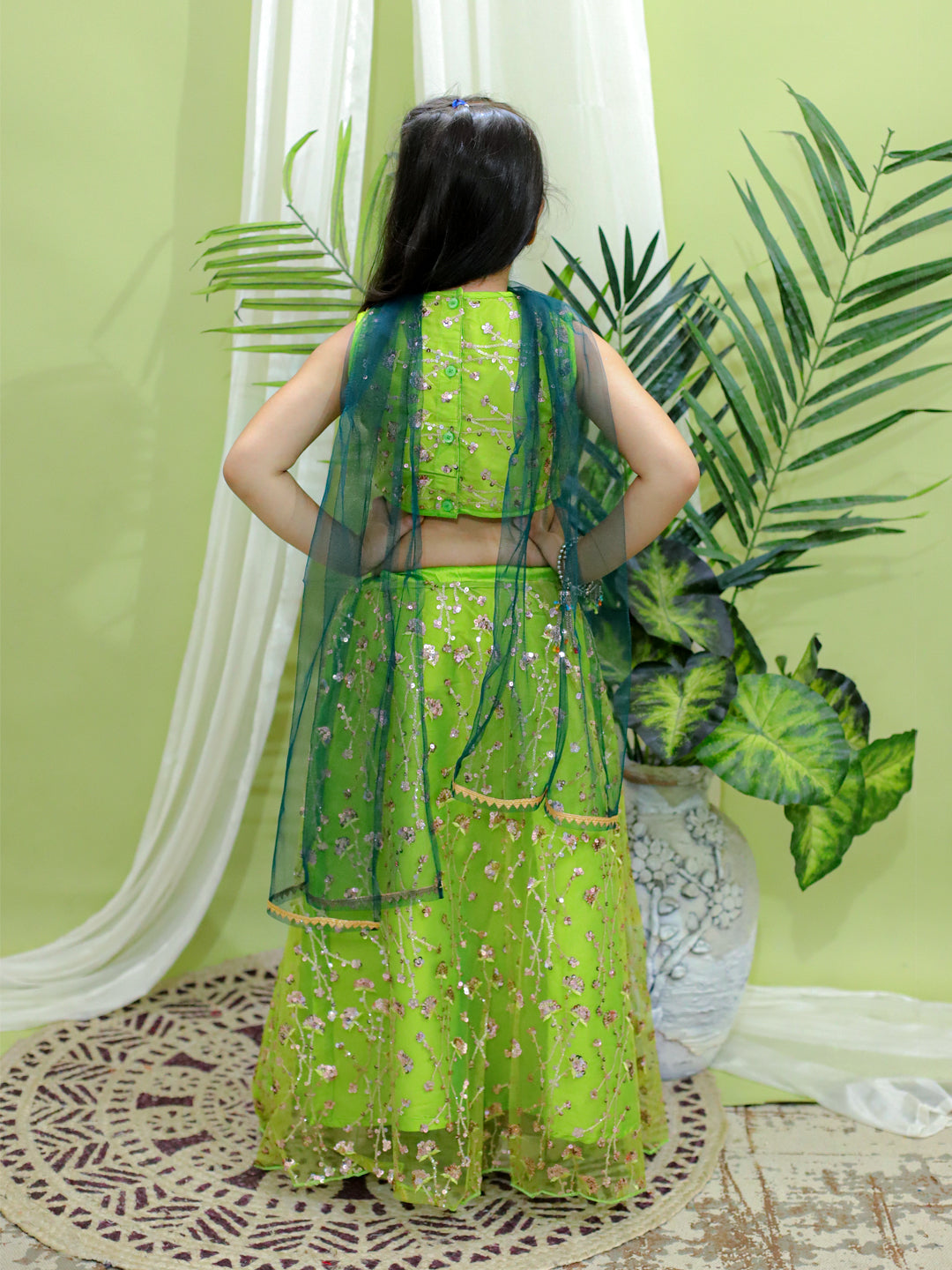 Girl's Green Ethnic Festive And Wedding Wear Sequin Party Lehenga Choli With Dupatta For - BOWNBEE