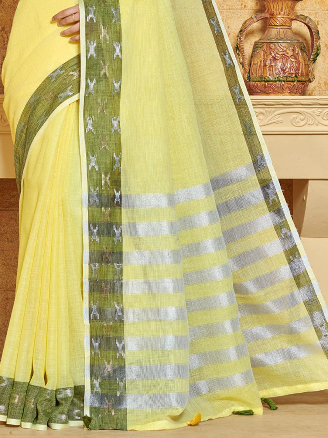 Women's Yellow Linen Woven Zari Work Traditional Tassle Saree - Sangam Prints