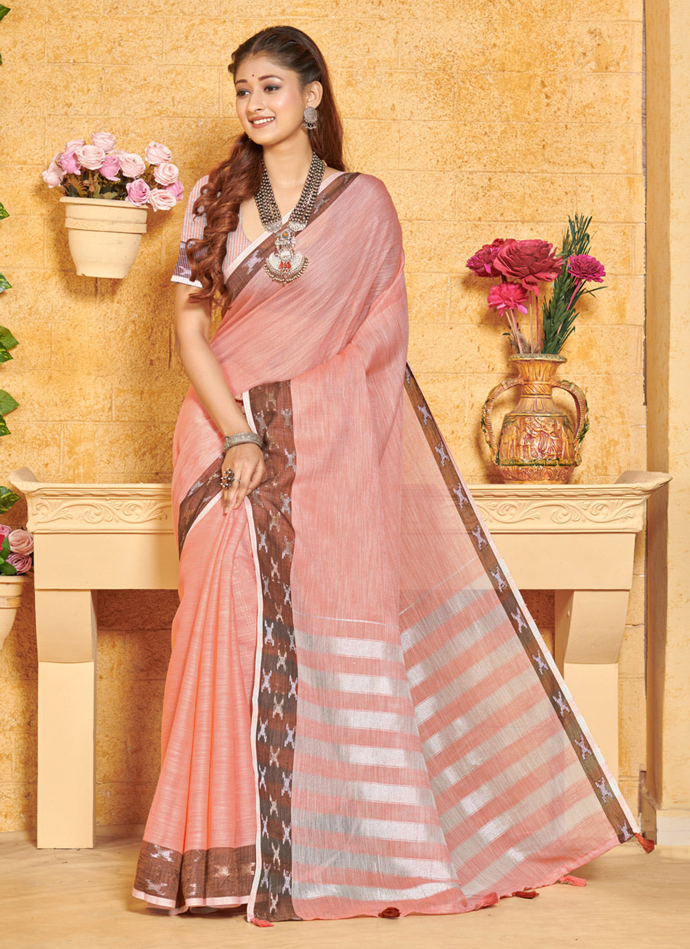 Women's Light Pink Linen Woven Zari Work Traditional Tassle Saree - Sangam Prints