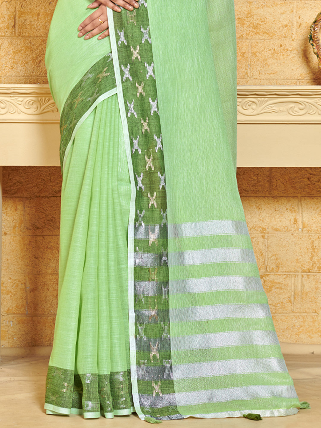 Women's Light Green Linen Woven Zari Work Traditional Tassle Saree - Sangam Prints