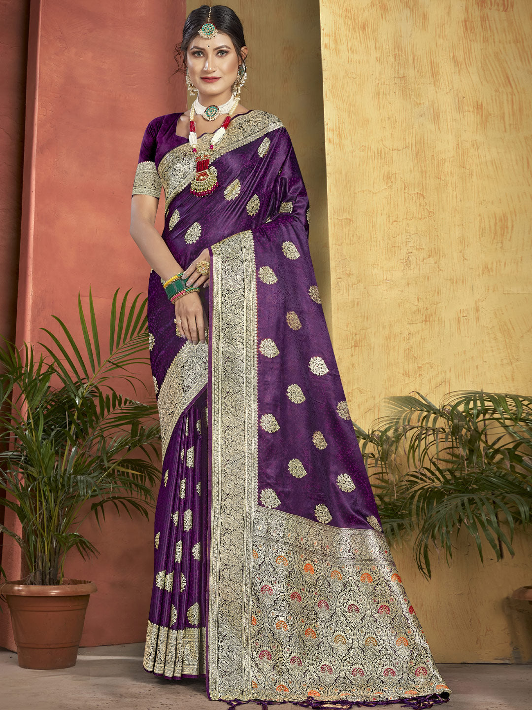 Women's Purple Banarasi Silk Woven Work Traditional Tassle Saree - Sangam Prints