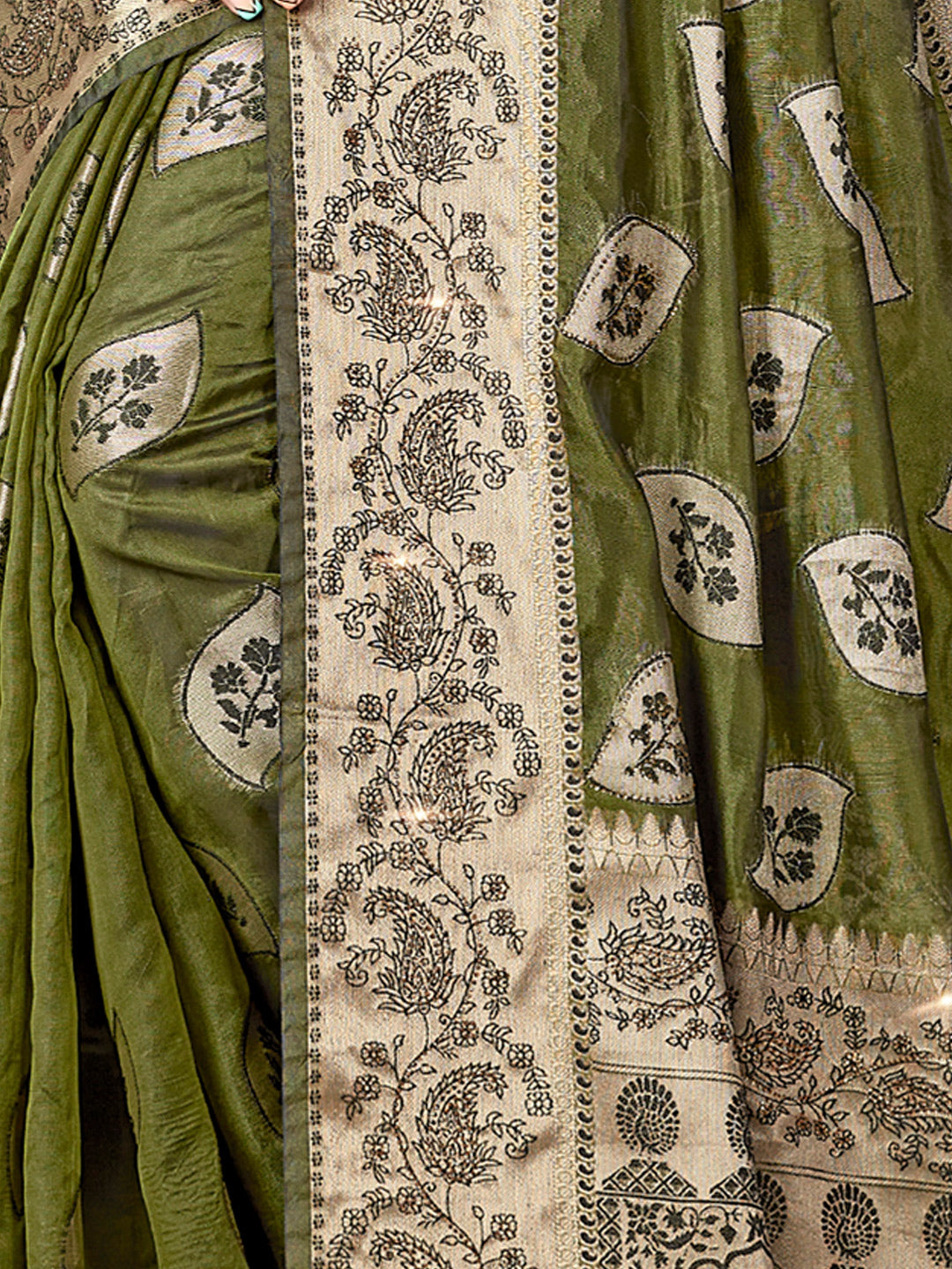 Women's Rama Green Organza Siroski Stone Work Traditional Tassle Saree - Sangam Prints