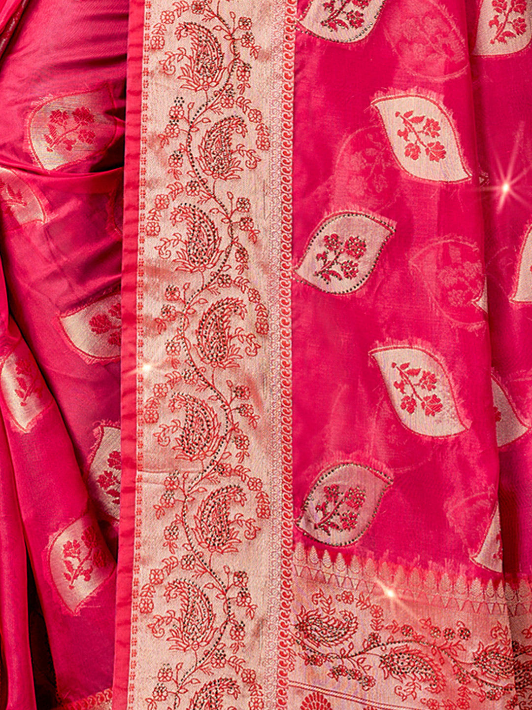 Women's Dark Pink Organza Siroski Stone Work Traditional Tassle Saree - Sangam Prints