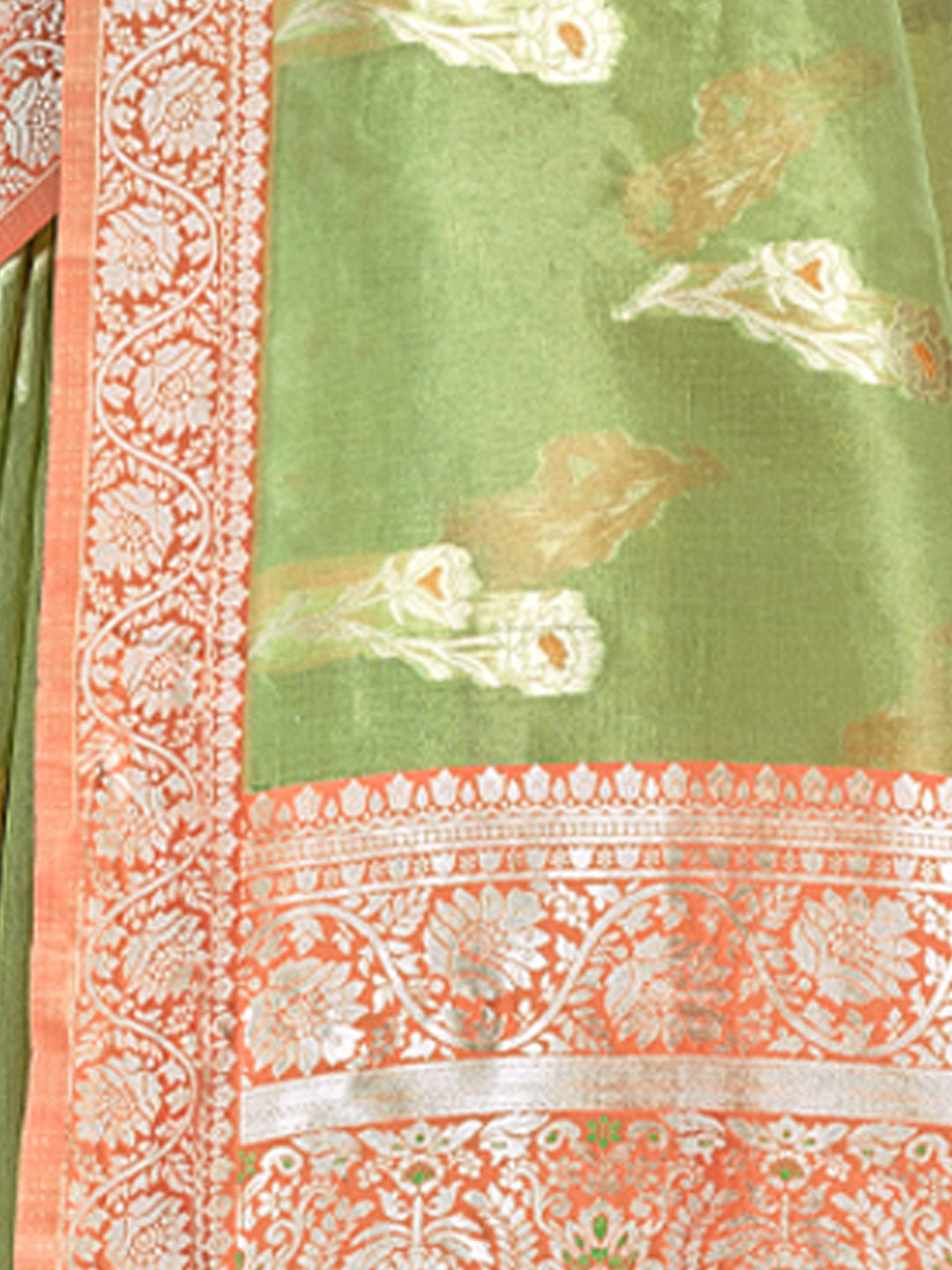 Women's Green Cotton Woven Work Traditional Tassle Saree - Sangam Prints