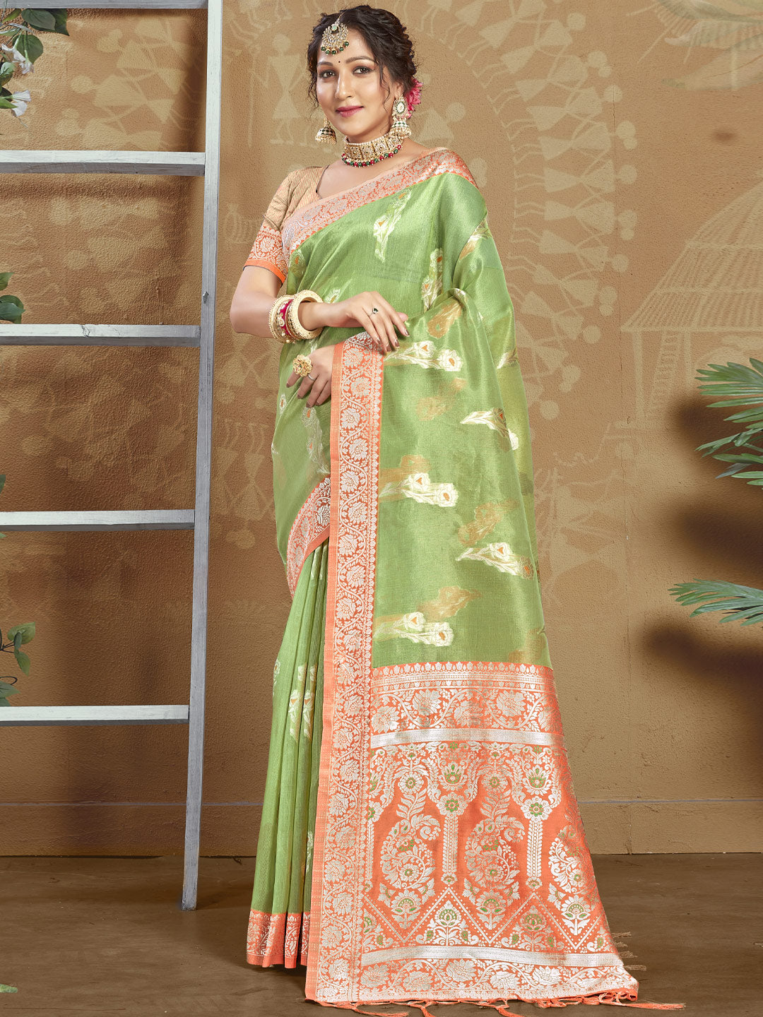 Women's Green Cotton Woven Work Traditional Tassle Saree - Sangam Prints