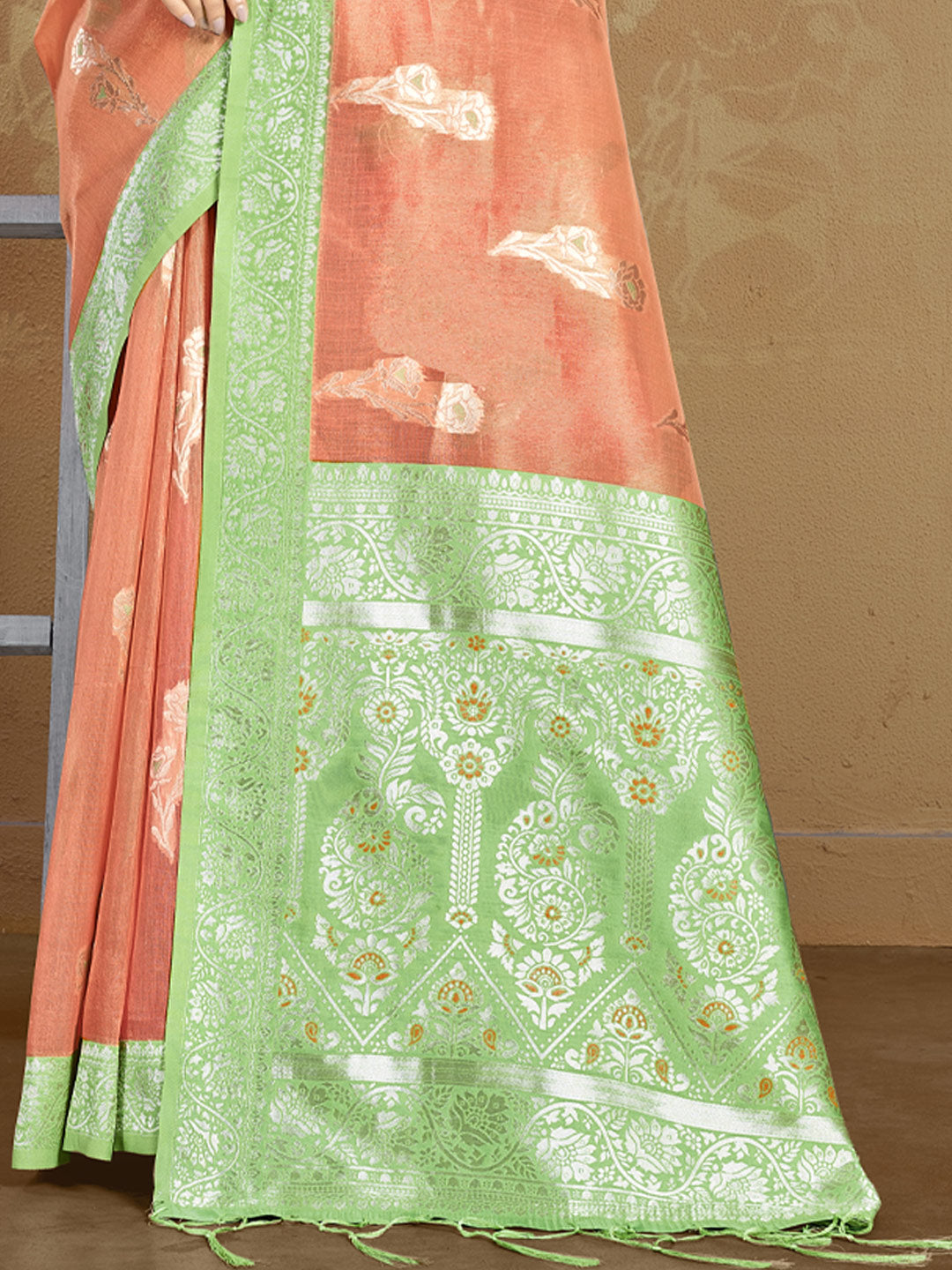 Women's Peach Cotton Woven Work Traditional Tassle Saree - Sangam Prints