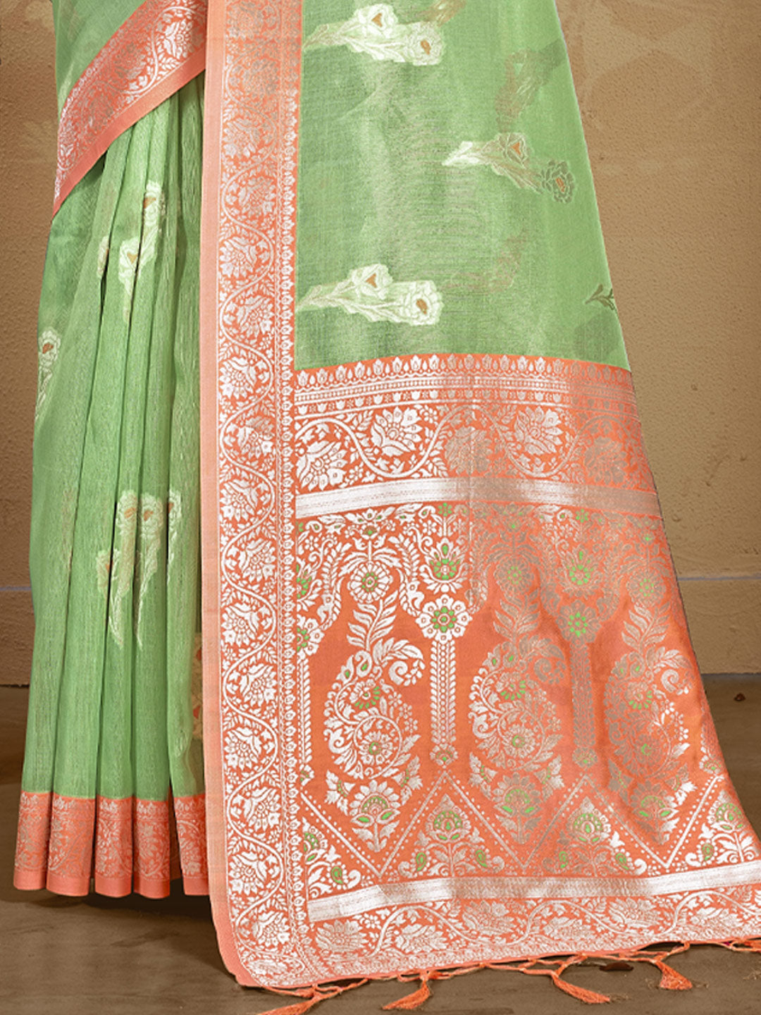 Women's Sea Green Cotton Woven Work Traditional Tassle Saree - Sangam Prints